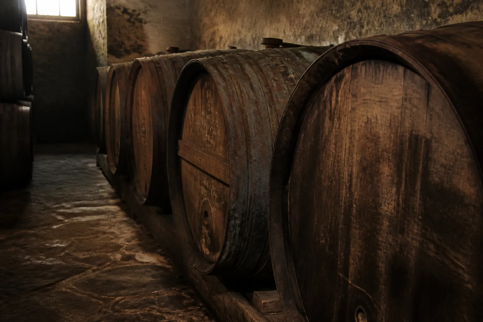 Aged oak barrels in a quiet working cellar