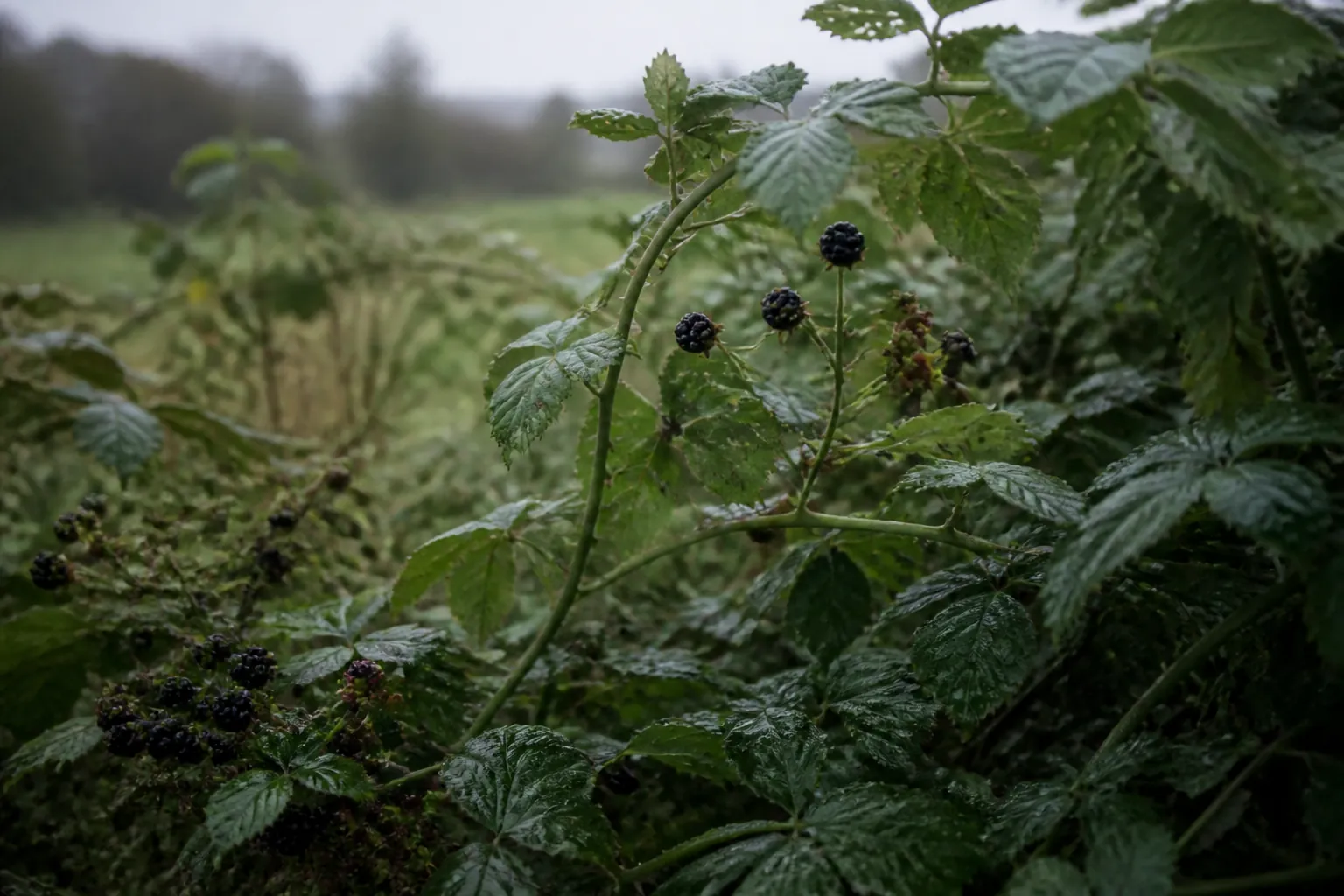 Rain-wet British hedgerow with blackberries