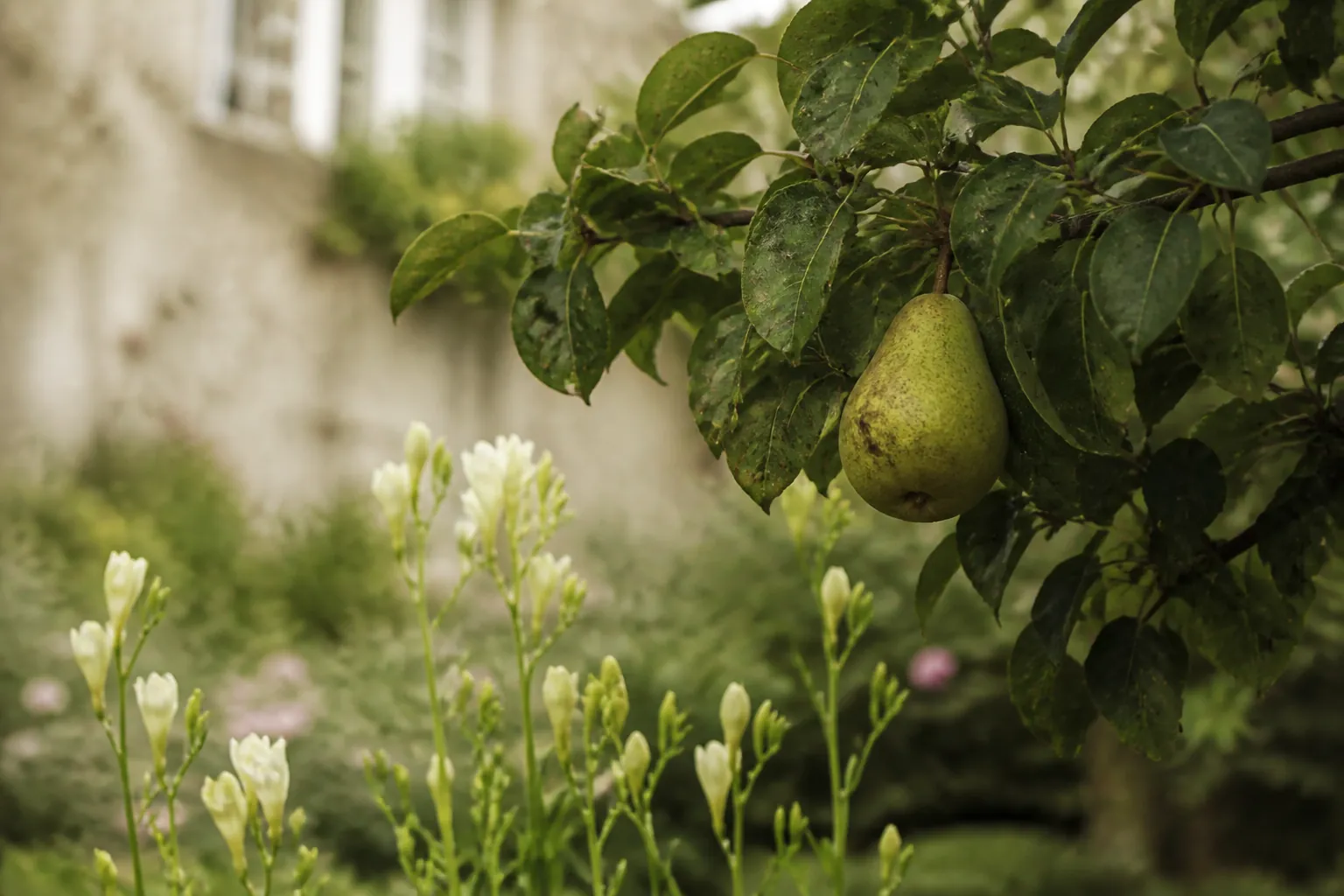 Pear tree branch with pale freesia in an English garden