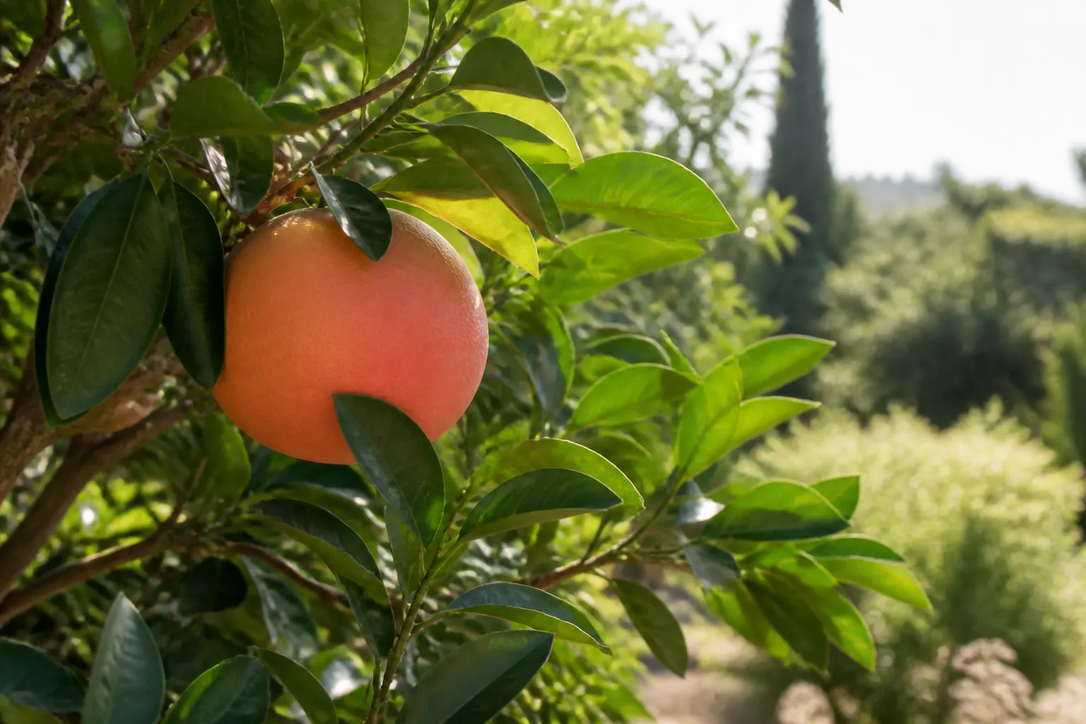 Pink pomelo growing naturally on a citrus tree