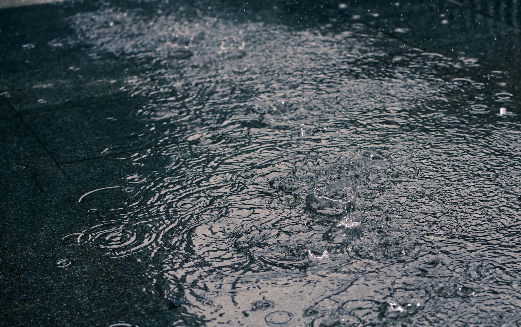 Raindrops falling on dark pavement