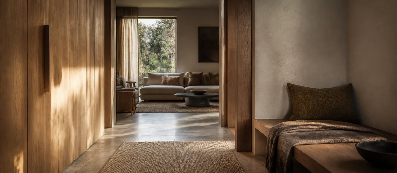 A calm oak-lined residential transition into a living space