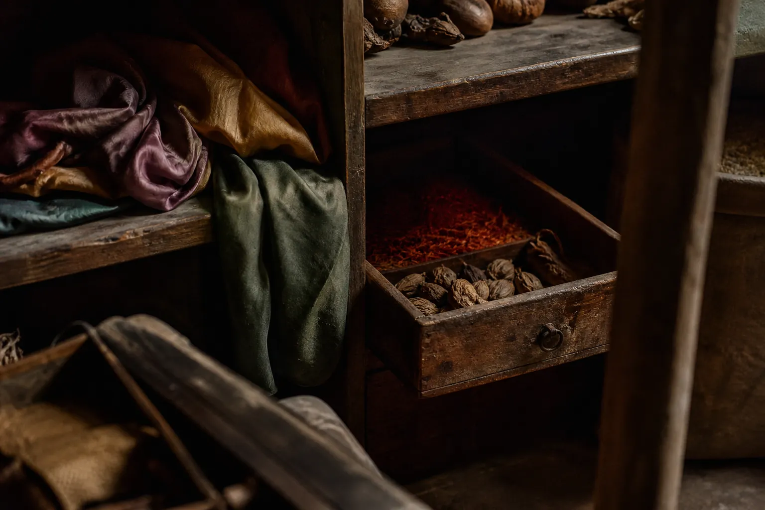 Worn silk textiles and spices in an old storeroom