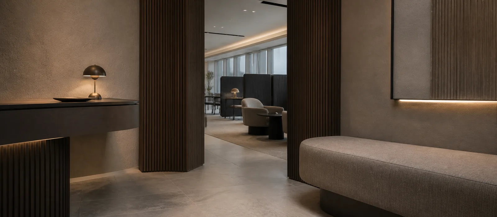 A calm contemporary workplace transition and focus space