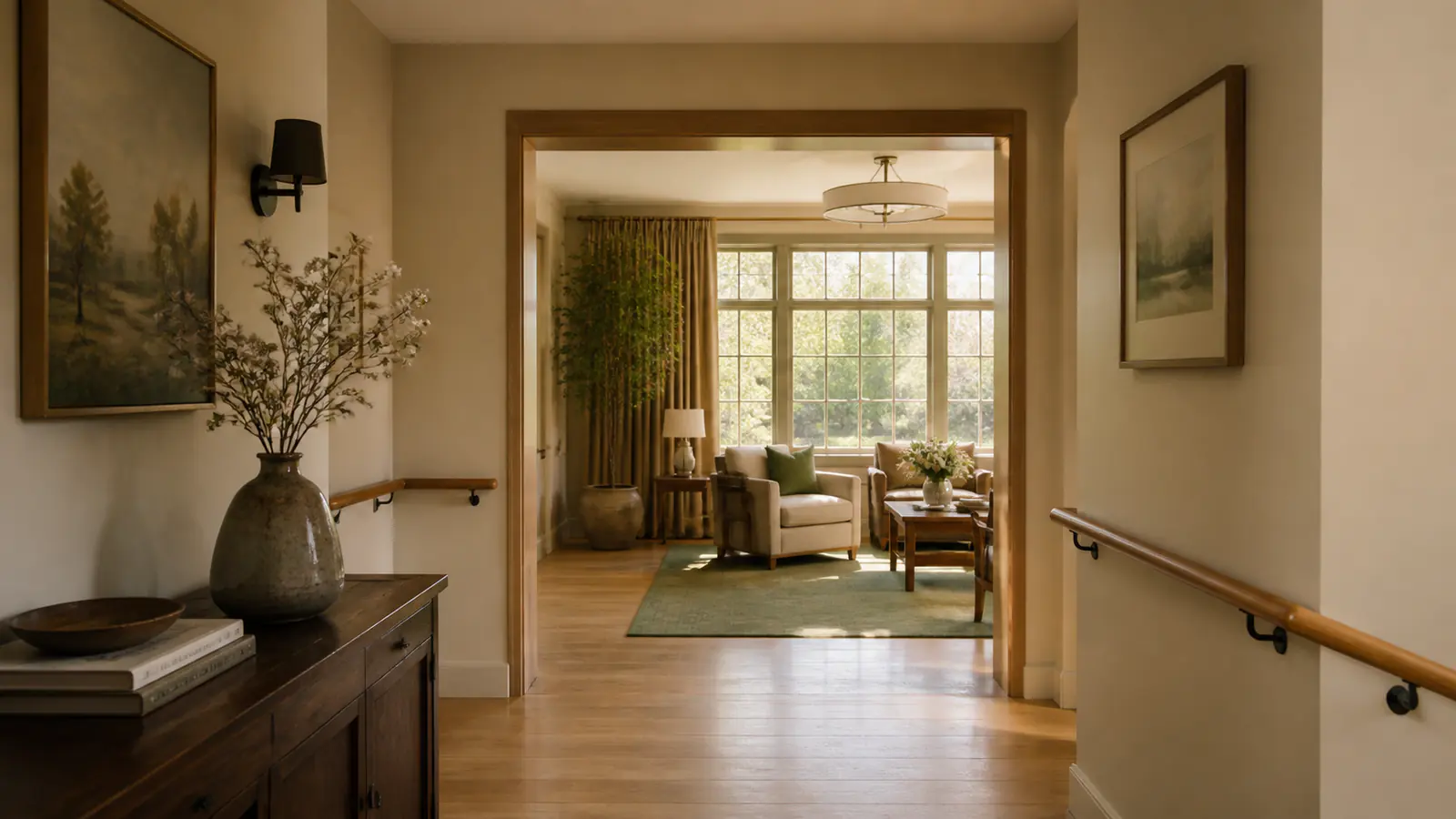 A warm residential care interior with clear routes and familiar materials