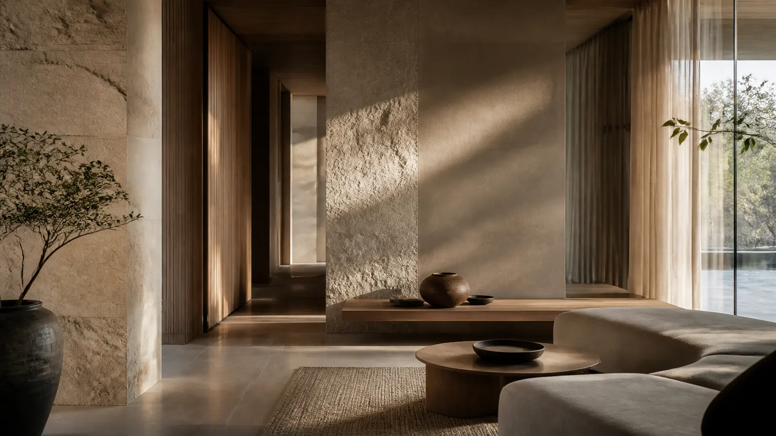 A tactile interior shaped by light, timber, stone and soft material layers