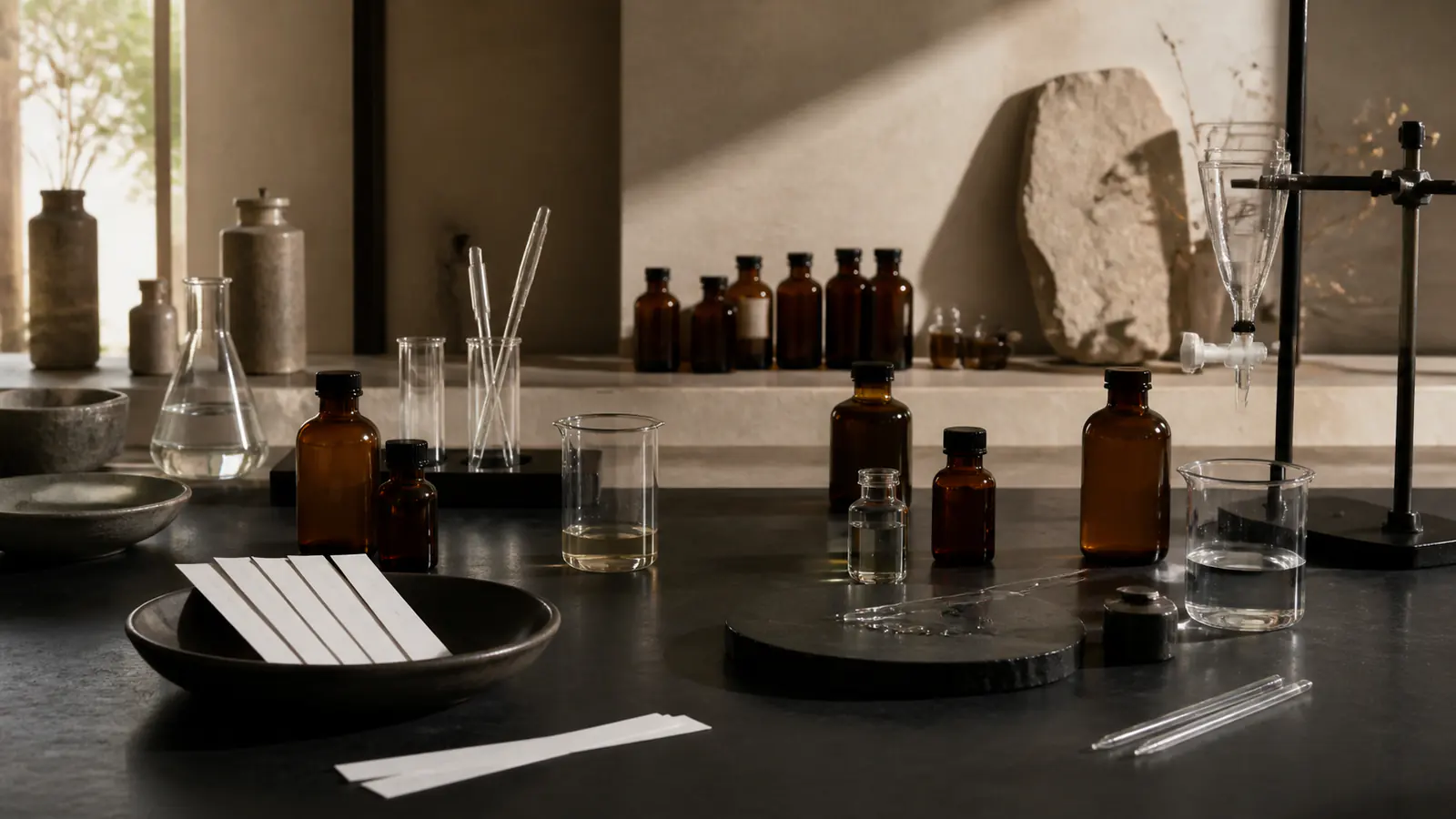 A precise fragrance formulation workspace with amber bottles and laboratory glassware