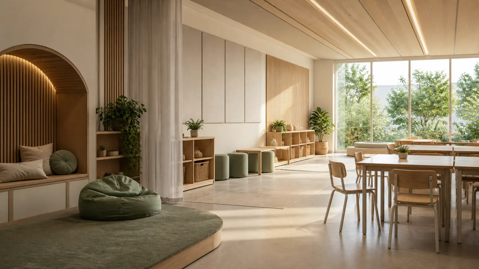 A calm inclusive classroom with acoustic panels, natural materials and a quiet reading nook