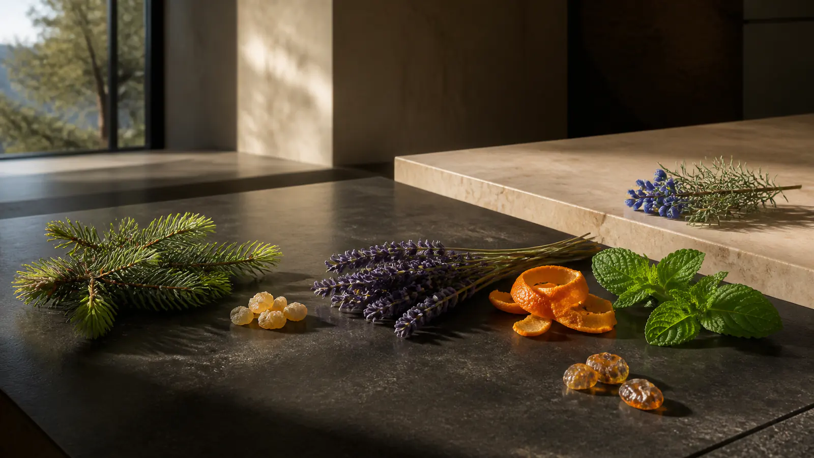 Spruce, lavender, orange peel, mint and resins arranged on warm stone