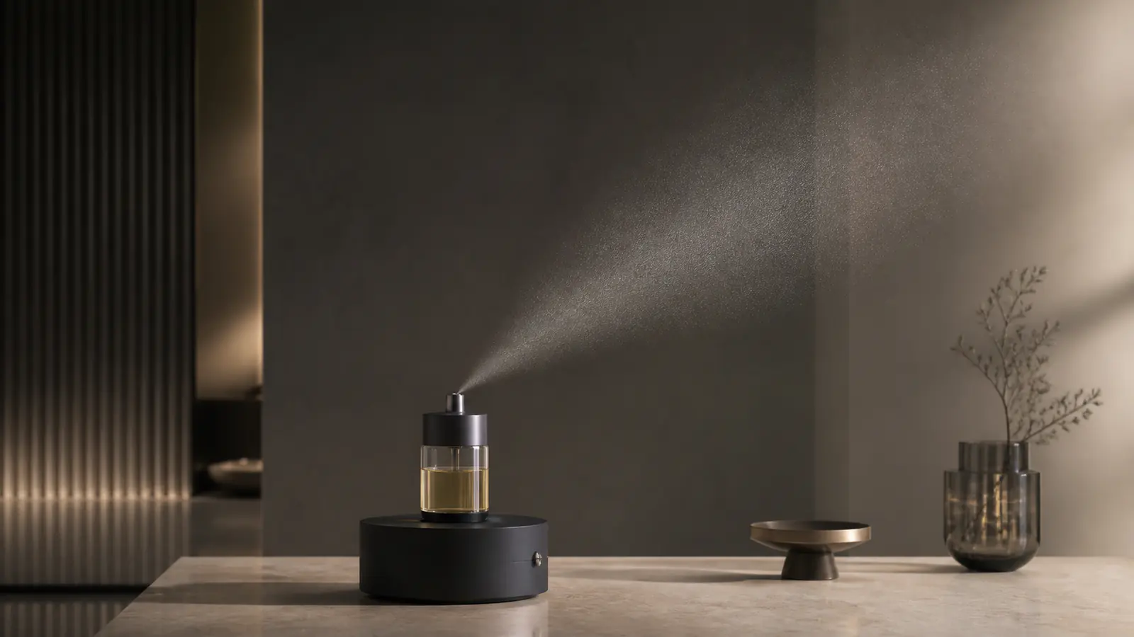 A discreet waterless scent diffuser releasing a fine dry plume in soft light